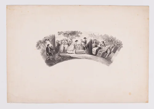 Fan leaf with scene of a young lady being crowned with a flower wreath by anonymous, print, 1800-1899