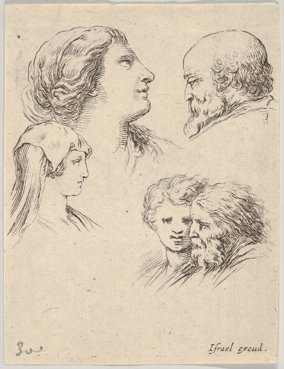 Plate 9: Five heads, two young women at left, a bearded man at upper right, a young woman and a bearded man at bottom right, from "The Book for Learning to Draw" (Livre pour apprendre à dessiner) by Stefano della Bella, print, 1647-1652