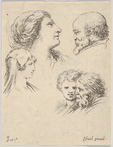 Plate 9: Five heads, two young women at left, a bearded man at upper right, a young woman and a bearded man at bottom right, from "The Book for Learning to Draw" (Livre pour apprendre à dessiner) by Stefano della Bella, print, 1647-1652