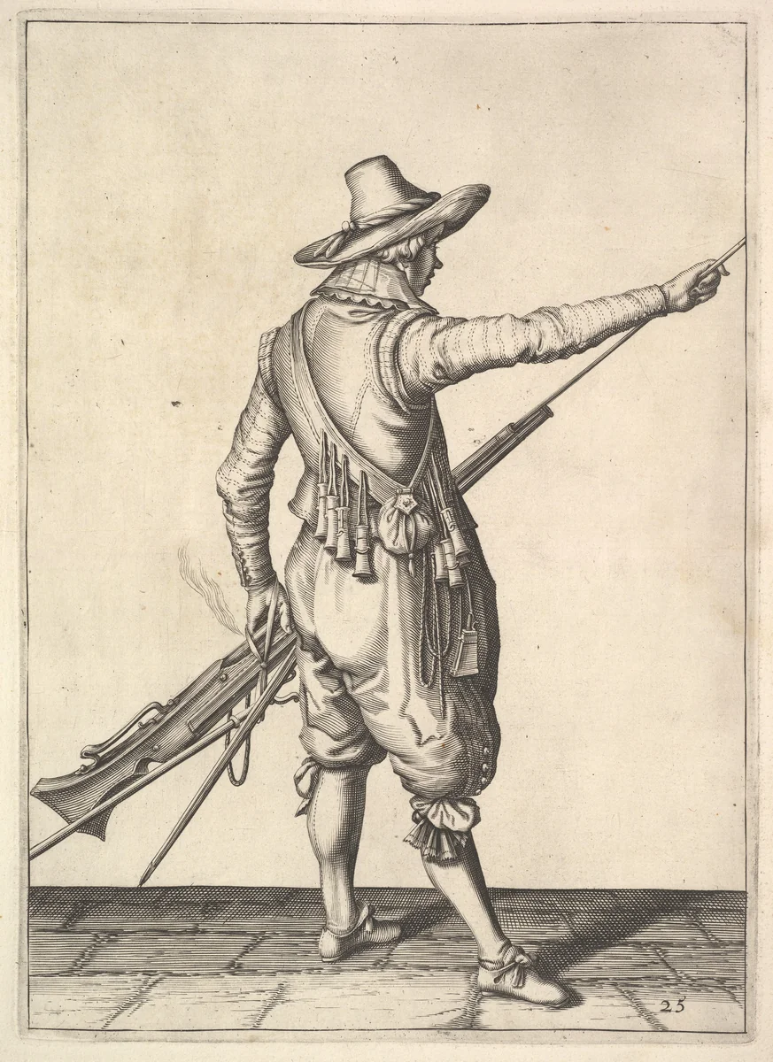 A soldier pulling out the ramrod from its holder, from the Musketeers series, plate 25, in "Wapenhandelinghe van Roers Musquetten Ende Spiessen" (The Exercise of Arms) by Jacques de Gheyn II, print, 1575-1629