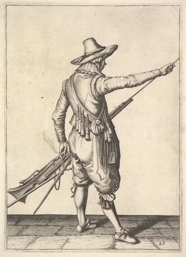 A soldier pulling out the ramrod from its holder, from the Musketeers series, plate 25, in "Wapenhandelinghe van Roers Musquetten Ende Spiessen" (The Exercise of Arms) by Jacques de Gheyn II, print, 1575-1629