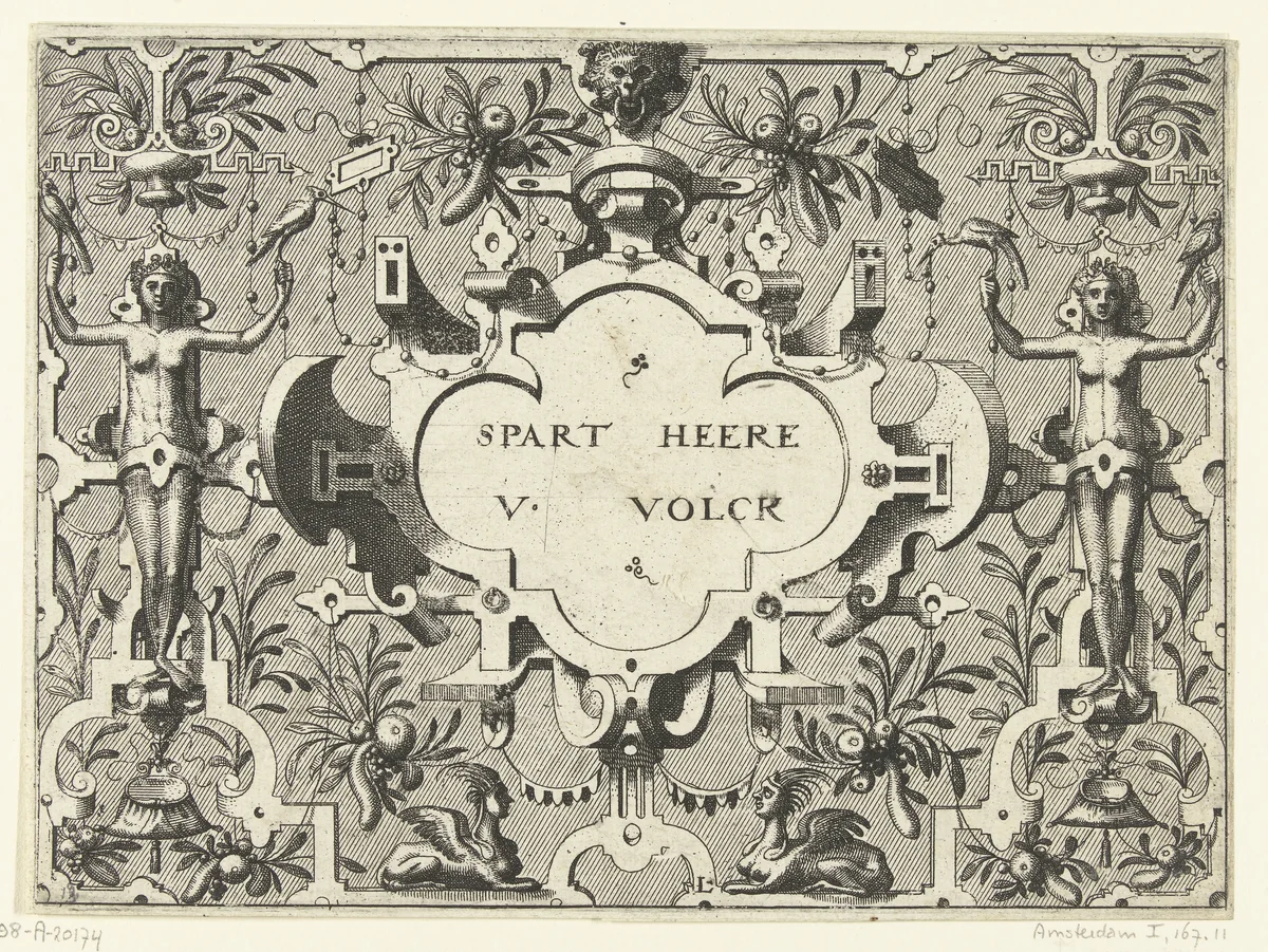 Cartouche omgeven door grotesken, links en rechts staat een vrouw by Johannes of Lucas van Doetechum, print, 1555-1560