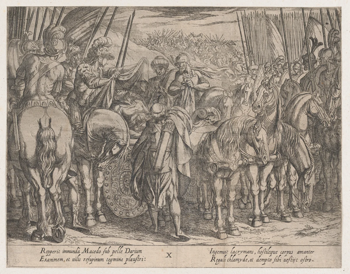 Plate 10: Alexander Finding the Body of Darius, from "The Deeds of Alexander the Great" by Antonio Tempesta, print, 1608