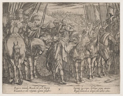 Plate 10: Alexander Finding the Body of Darius, from "The Deeds of Alexander the Great" by Antonio Tempesta, print, 1608