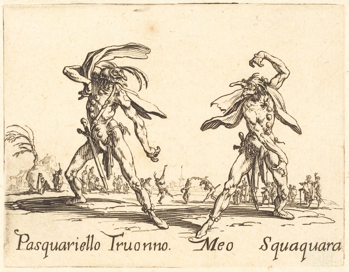 Pasquariello Truonno and Meo Squaquara by Jacques Callot, print, 1622