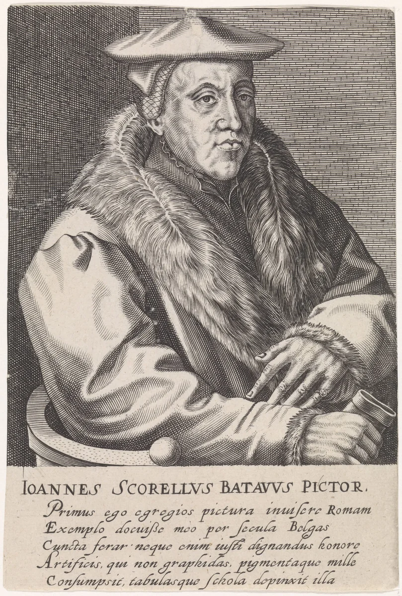 Portret van Jan van Scorel by Hendrick Hondius, print, 1610
