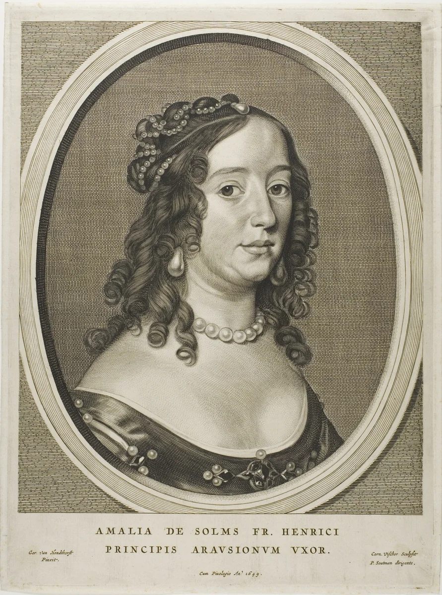 Amalia van Solms, wife of Frederick Henry, from Nine Portraits by Cornelis Visscher, print, 1649