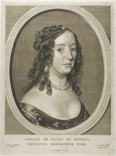 Amalia van Solms, wife of Frederick Henry, from Nine Portraits by Cornelis Visscher, print, 1649