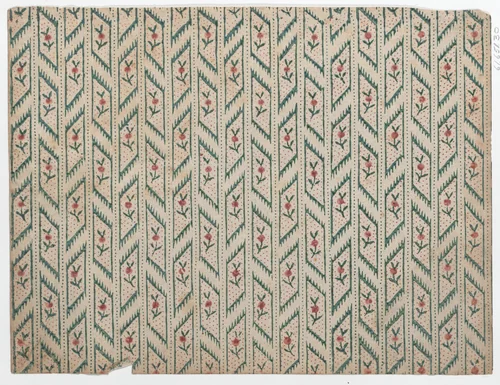 Sheet with overall red and green vine and dot pattern by Adriaan Rogge, print, 1750-1816