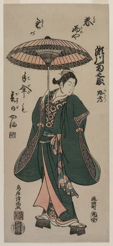 Segawa Kikunojo (Roko) Holding an Umbrella by Torii Kiyomitsu, print, 1760-1764