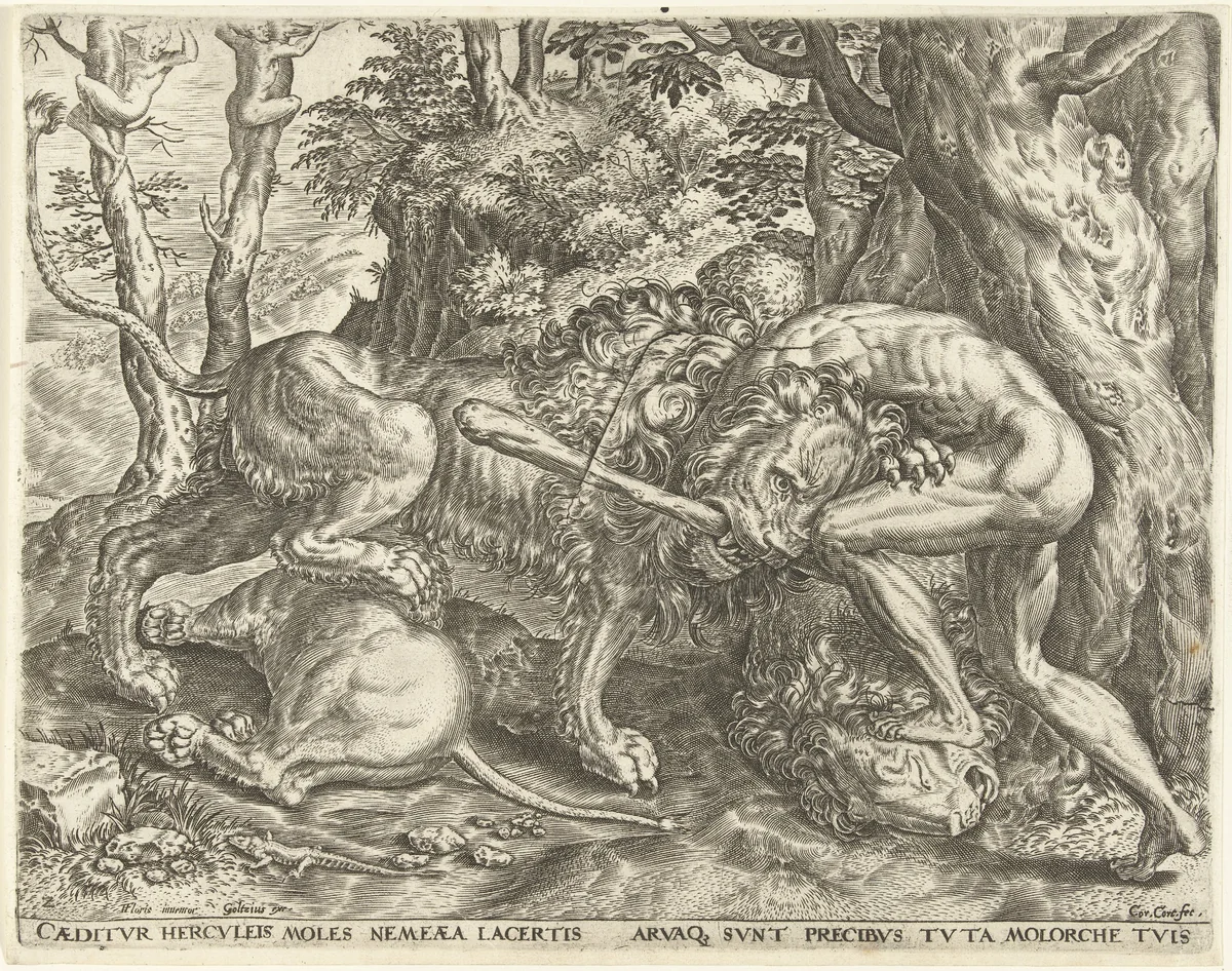 Hercules wurgt de Nemeïsche leeuw by Unknown, print, 1563-1595