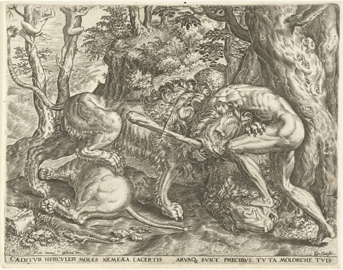 Hercules wurgt de Nemeïsche leeuw by Unknown, print, 1563-1595