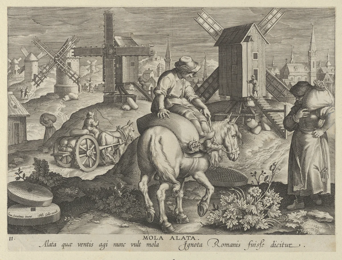New Inventions of Modern Times [Nova Reperta], The Invention of the Wind Mill, plate 11 by Jan Collaert, print, 1595-1605