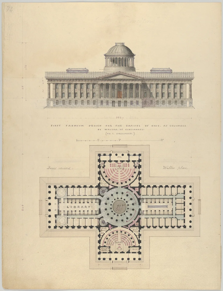 First Premium Design for the Capitol of Ohio at Columbus by Walter of Cincinnati by Alexander Jackson Davis, drawing, 1834-1844