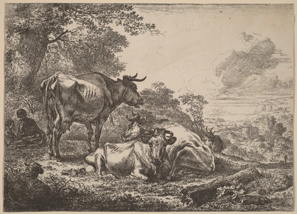 Resting Cows by Nicolaes Pietersz Berchem, print, 1620-1683