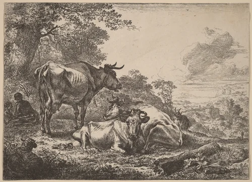 Resting Cows by Nicolaes Pietersz Berchem, print, 1620-1683