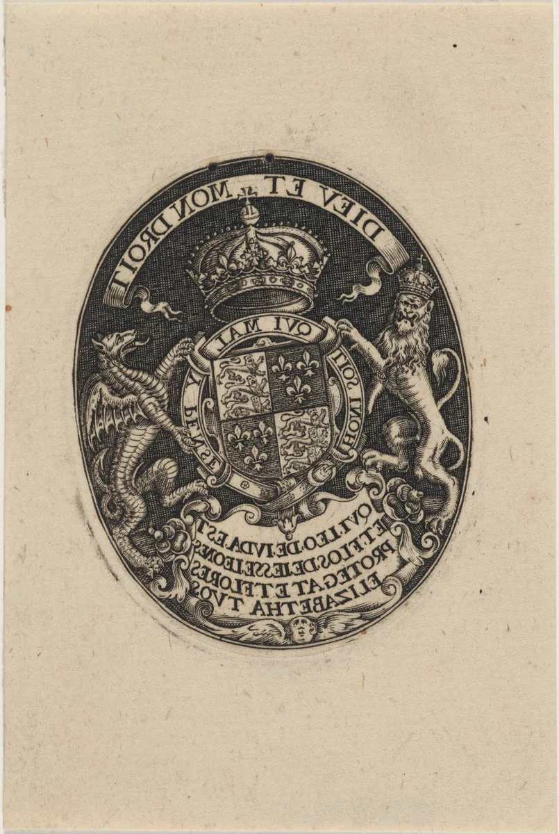 Shield of Queen of England by Simon van de Passe, print, 1595-1647