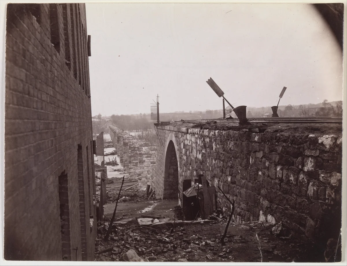 Ruins of Richmond & Petersburg Railroad Bridge, Richmond, Virginia by Alexander Gardner, photograph, 1861-1865