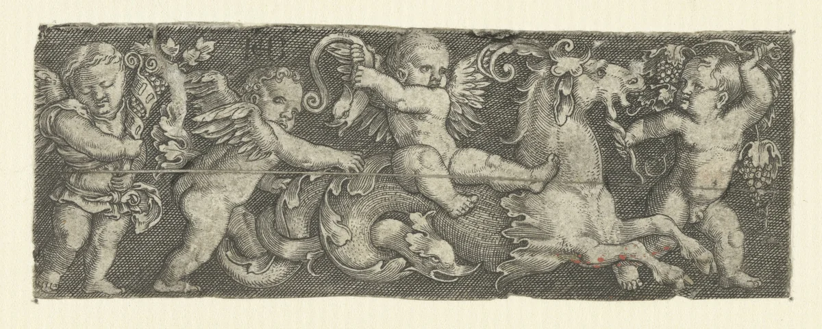Fries met vier putti en een zeepaard by Unknown, print, 1510-1569