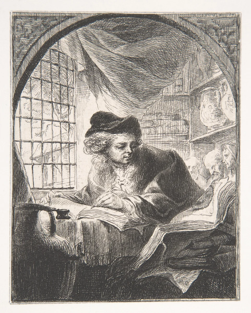 Young Man Writing and Reading from Large Volume at His Left by Dominique Vivant Denon, print, 1760-1825