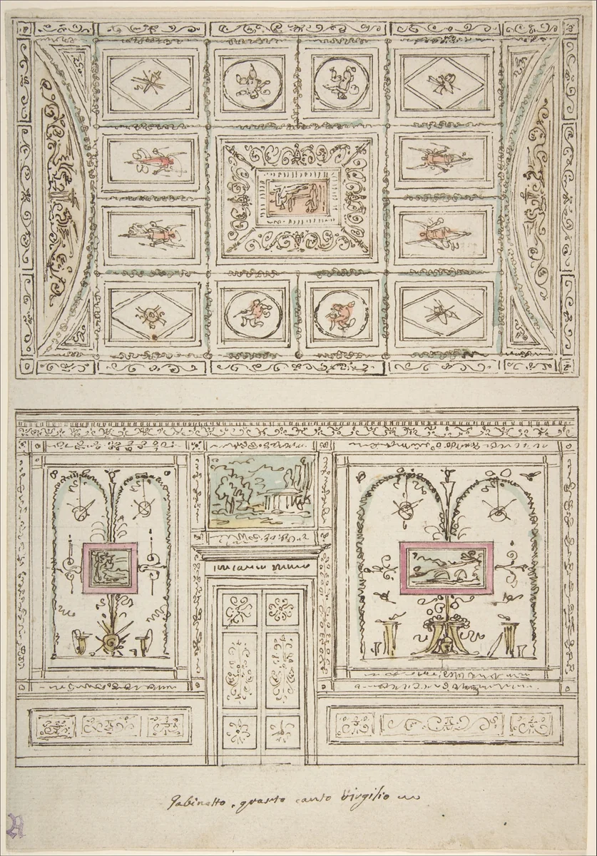 Design for the Decoration of a Wall and Ceiling of a 'Gabinetto' related to Virgil's Fourth Canto by Felice Giani, drawing, 1758-1823