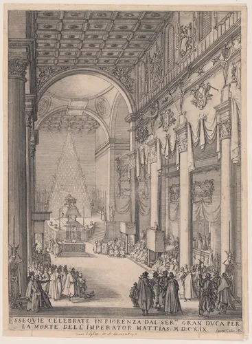 Le Catafalque de l'Empereur Mathais pièce appelée aussi Le Petit Prédicateur, La Chapelle Funèbre de Florence et Requiem de L'Empereur Mathais (The Catafalque of the Emperor Matthais, piece also called The Small Preacher, The Funerary Chapel of Florence, The Requiem of the Emperor Matthais) by Jacques Callot, print, 1619