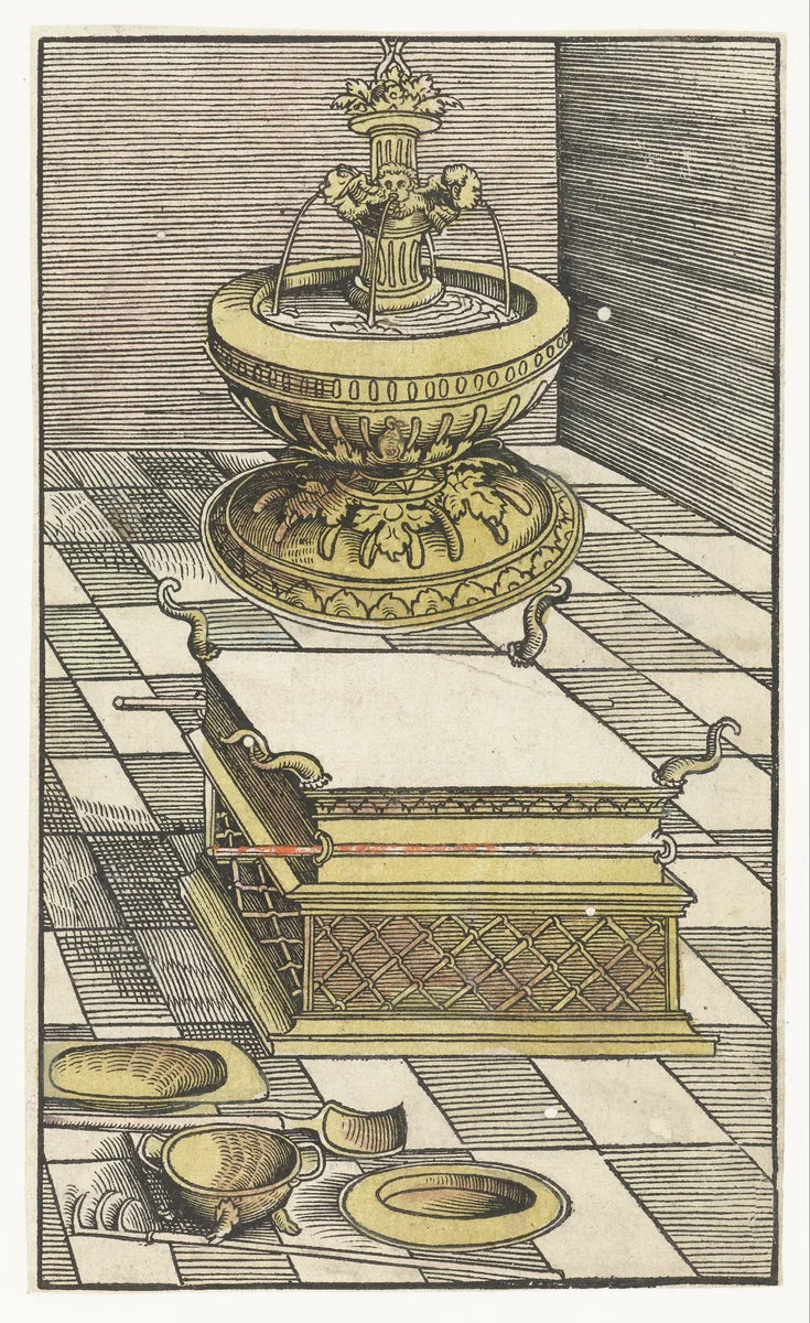 Brandofferaltaar en wasvat in tabernakel by Lucas Cranach, print, 1523-1526
