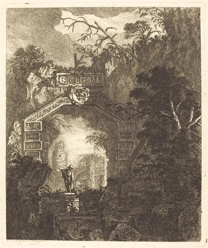 Figure Standing under a Stone Arch by Jean Laurent Legeay, print, 1768
