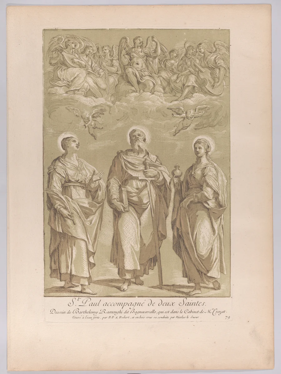 Saint Paul accompanied by two female saints with angels above by Paul Ponce Antoine Robert-de-Seri, print, 1724-1734