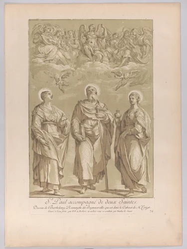 Saint Paul accompanied by two female saints with angels above by Paul Ponce Antoine Robert-de-Seri, print, 1724-1734