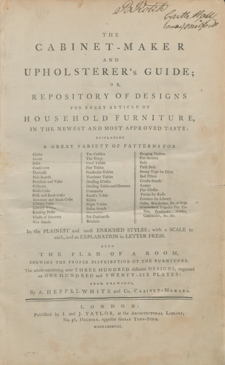 The cabinet-maker and upholsterer's guide, or, Repository of designs for every article of household furniture, in the newest and most approved taste : displaying a great variety of patterns for chairs, stools ... in the plainest and most enriched styles : with a scale to each, and an explanation in letter press : also the plan of a room, shewing the proper distribution of the furniture ... from drawings by A. Hepplewhite & Co., artwork, 1788
