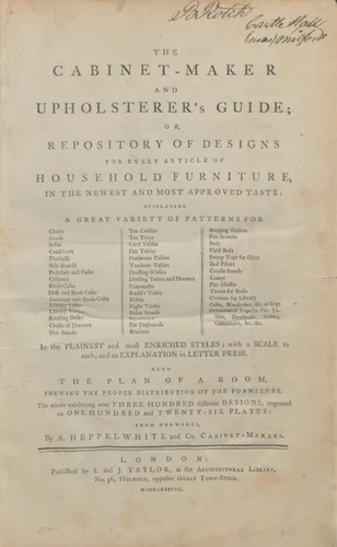 The cabinet-maker and upholsterer's guide, or, Repository of designs for every article of household furniture, in the newest and most approved taste : displaying a great variety of patterns for chairs, stools ... in the plainest and most enriched styles : with a scale to each, and an explanation in letter press : also the plan of a room, shewing the proper distribution of the furniture ... from drawings by A. Hepplewhite & Co., artwork, 1788