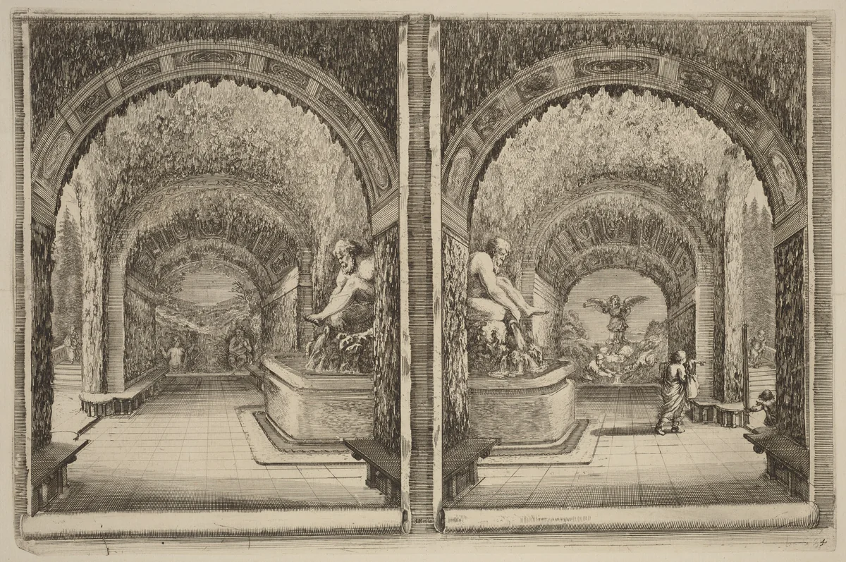 A Grotto Seen from Two Different View Points by Stefano della Bella, print, 1653