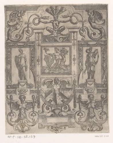 Grotesk ornament met een triton op een zeemonster in het midden by Antonio Tempesta, print, 1609