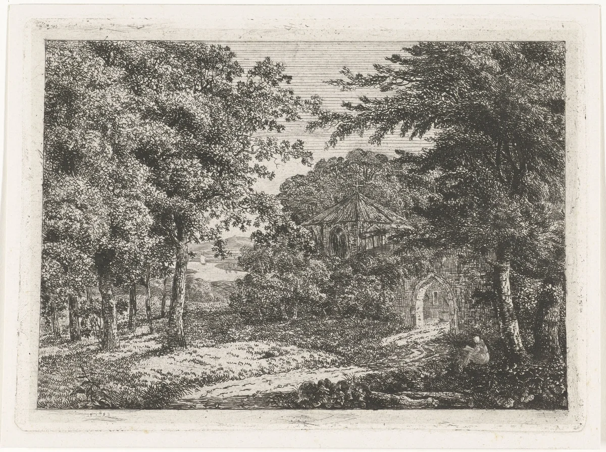 Landschap met kapel tussen bomen en lezende monnik by Adriaan van Dielen, print, 1782-1812