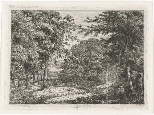 Landschap met kapel tussen bomen en lezende monnik by Adriaan van Dielen, print, 1782-1812