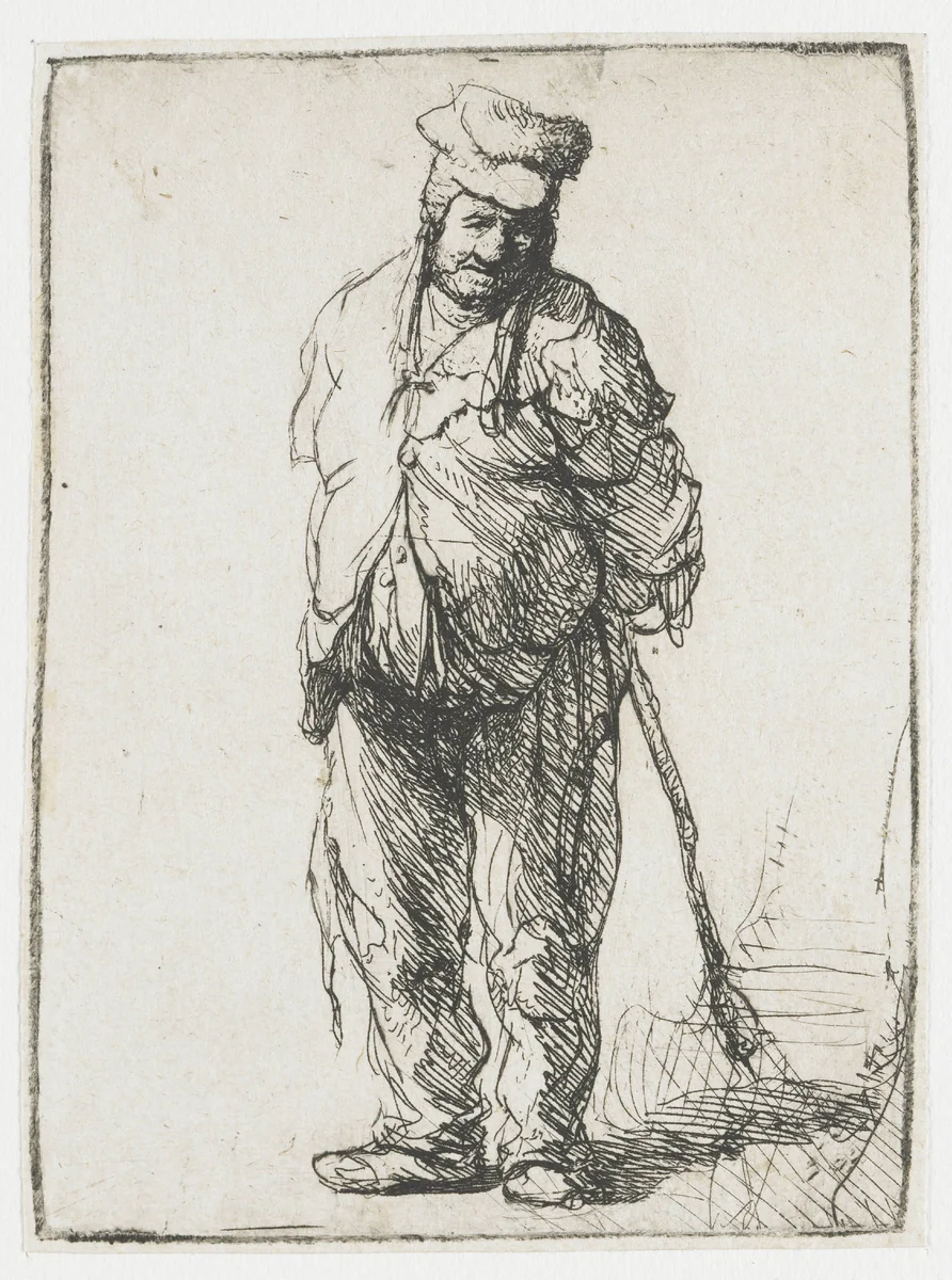 Ragged peasant with his hands behind him, holding a stick by Rembrandt van Rijn, print, 1630