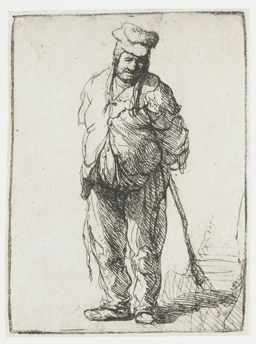 Ragged peasant with his hands behind him, holding a stick by Rembrandt van Rijn, print, 1630