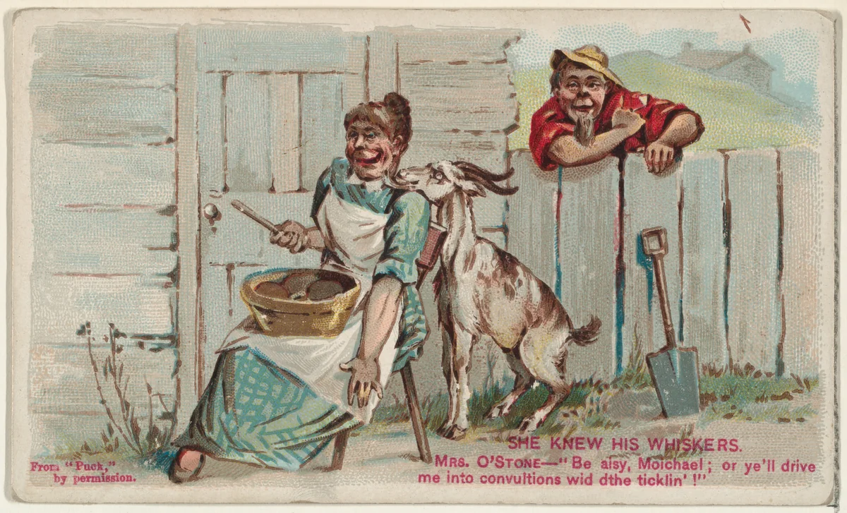 She Knew His Whiskers, from the Snapshots from "Puck" series (N128) issued by Duke Sons & Co. to promote Honest Long Cut Tobacco by W. Duke, Sons & Co., print, 1888