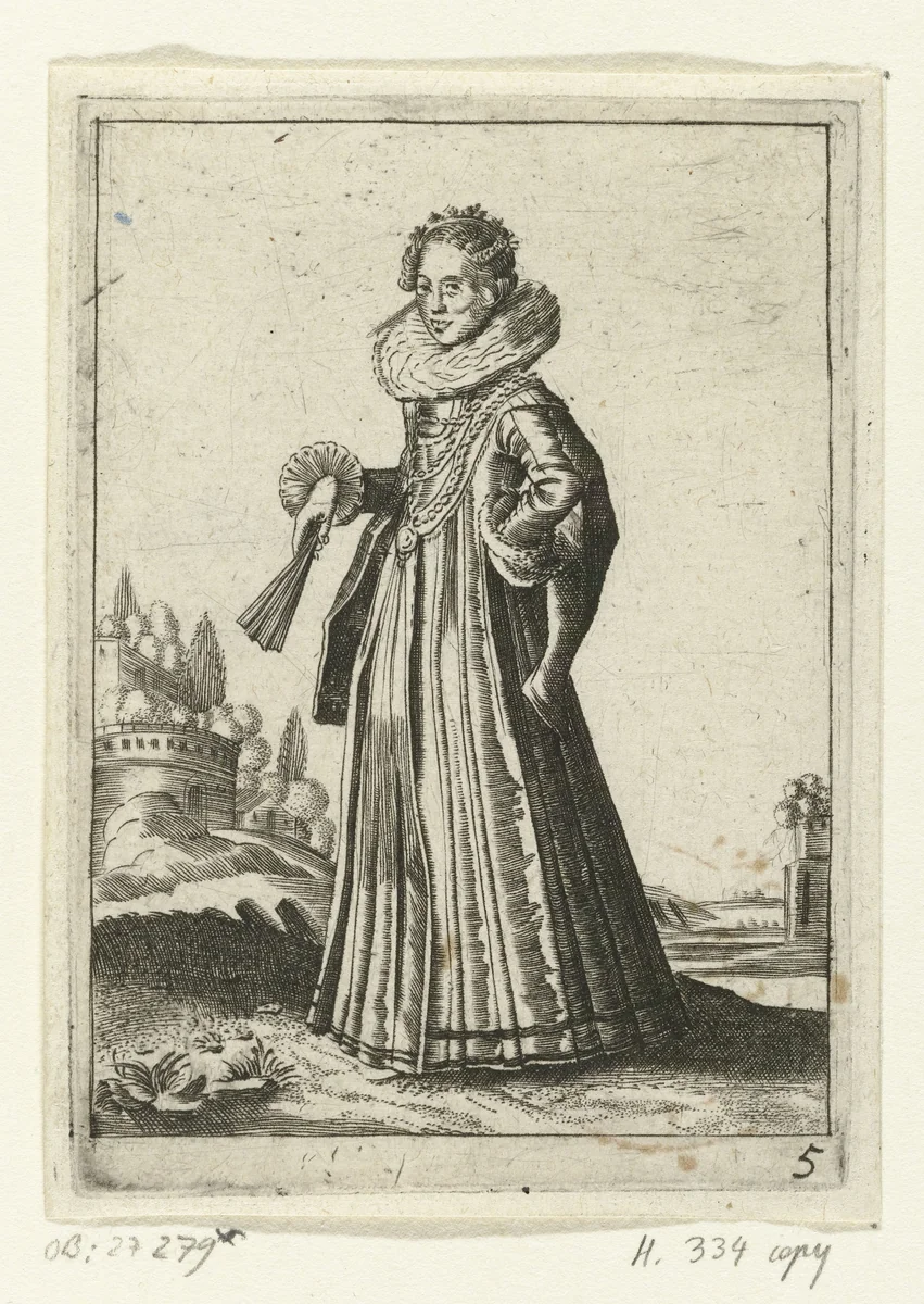 Elegante dame met brede plooikraag by anonymous, print, 1619-1652