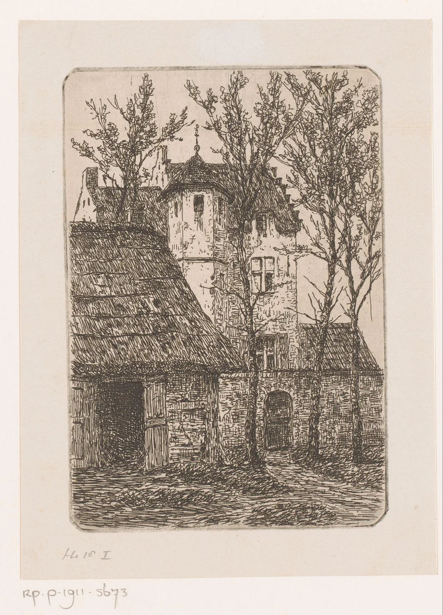 Gezicht op een oude kasteelhoeve bij Antwerpen by Jean Pierre François Lamorinière, print, 1838-1911