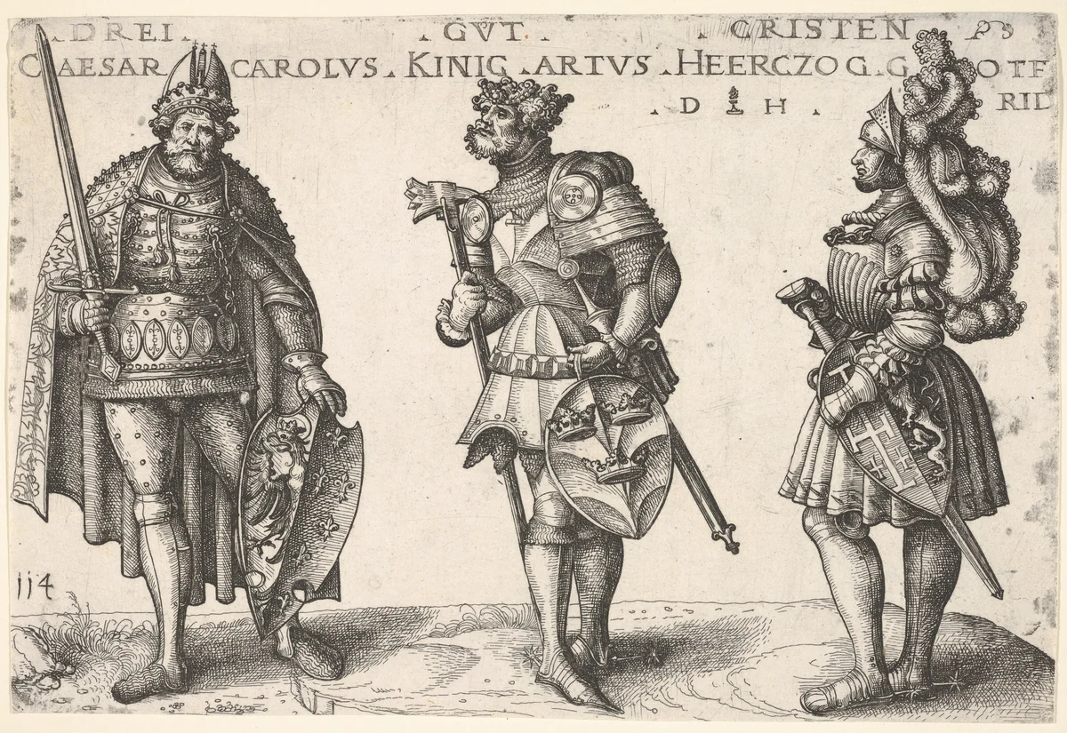 Three Worthy Christians: Charlemagne, King Arthur, and Geoffrey of Bouillon by Daniel Hopfer, print, 1511-1521
