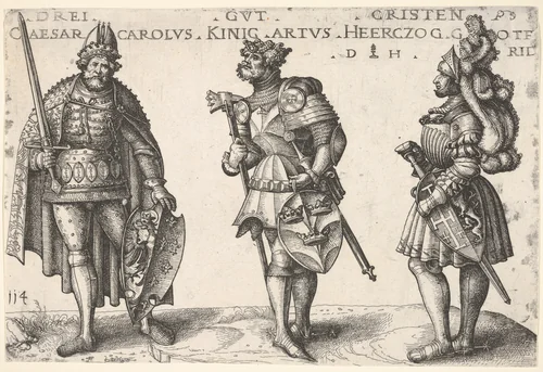 Three Worthy Christians: Charlemagne, King Arthur, and Geoffrey of Bouillon by Daniel Hopfer, print, 1511-1521