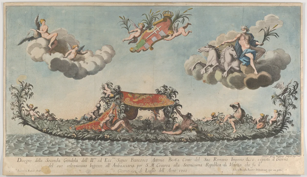 The highly ornamented second gondola of Francesco Antonio Berka entering Venice, Gods on clouds in the upper section by Johann Georg Wolfgang, print, 1700