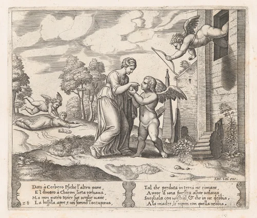 Plate 28: Psyche, wanting to appear more beautiful opens the box, as Cupid arrives in the upper right, and at left his arrow pierces Psyche, who has fallen to the ground, from "The Story of Cupid and Psyche as told by Apuleius" by Master of the Die, print, 1530-1560