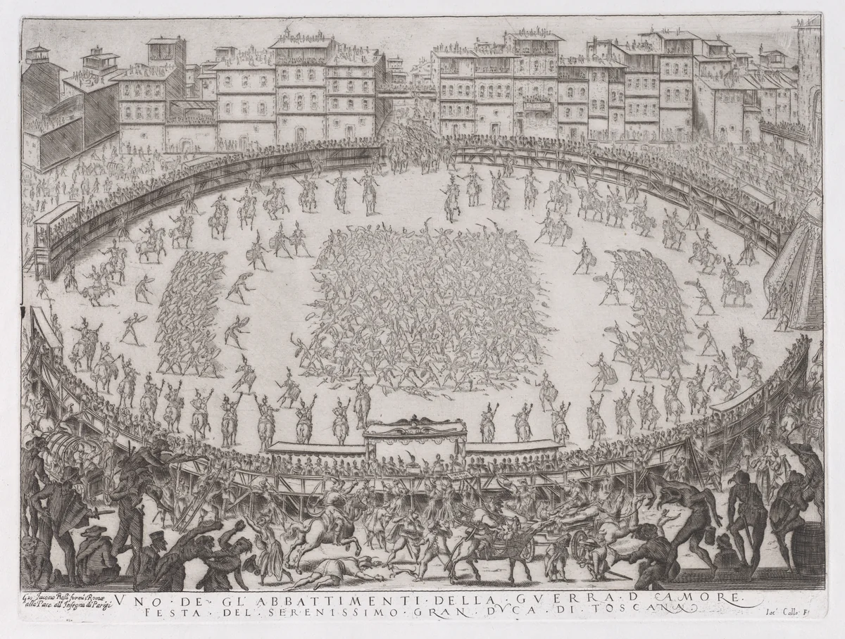 Reprint of Le Combat des Sections d'Infantrie (The Battle of the Sections of Infantry), from La Guerre d'Amour (Guerra d'Amore) (War of Love) by Jacques Callot, print, 1615-1900