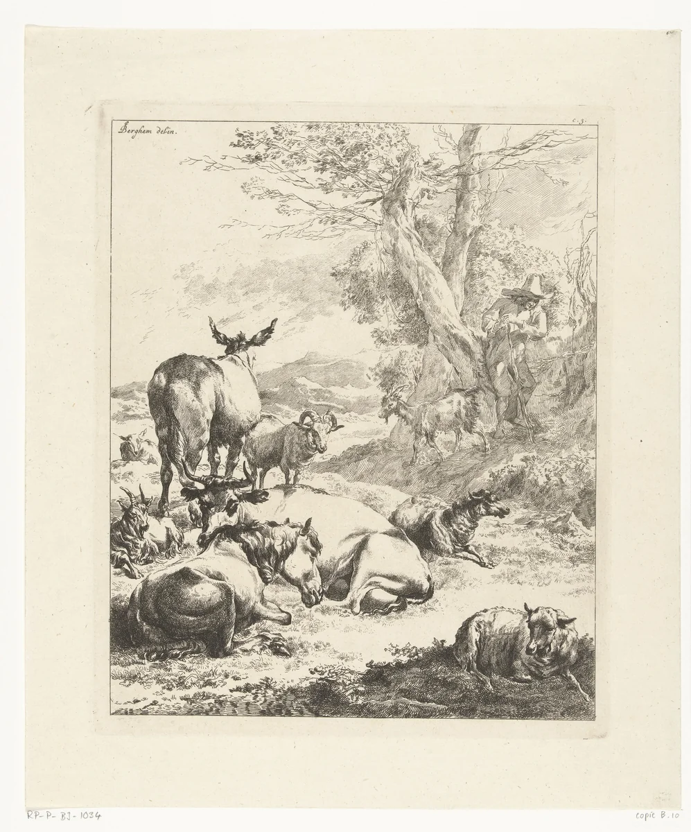 Herder met rustende kudde by anonymous, print, 1652-1733