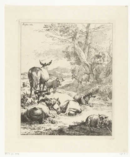 Herder met rustende kudde by anonymous, print, 1652-1733