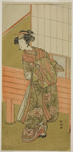 The Actor Segawa Kikunojo III as the Courtesan Takamura of Onoteruya (?) in the Play Sugata no Hana Yuki no Kuromushi (?), Performed at the Ichimura Theater (?) in the Eleventh Month, 1776 (?) by Katsukawa Shunko, print, 1771-1781