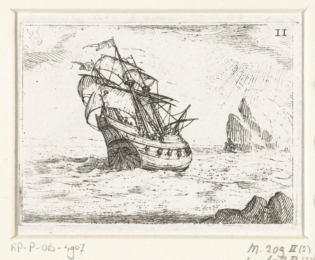 Schip in een storm by Jacques Callot, print, 1625-1629